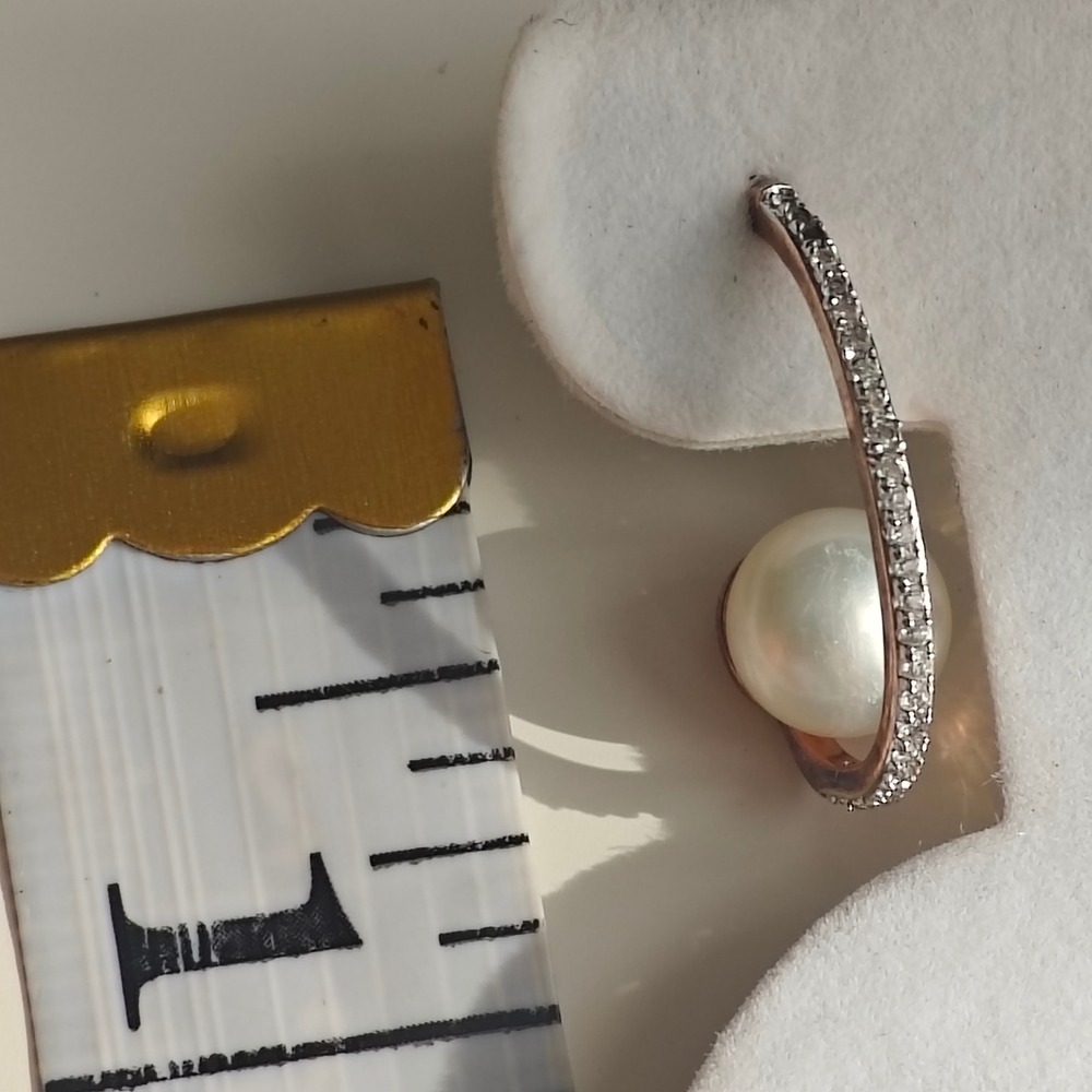Honora Italy Rose Gold Bronze Real Pearl Crystal Pave Open Hoop Earrings - Picture 6 of 7